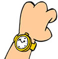 Ilustração de uma mão fechada com relógio redondo amarelo no pulso.