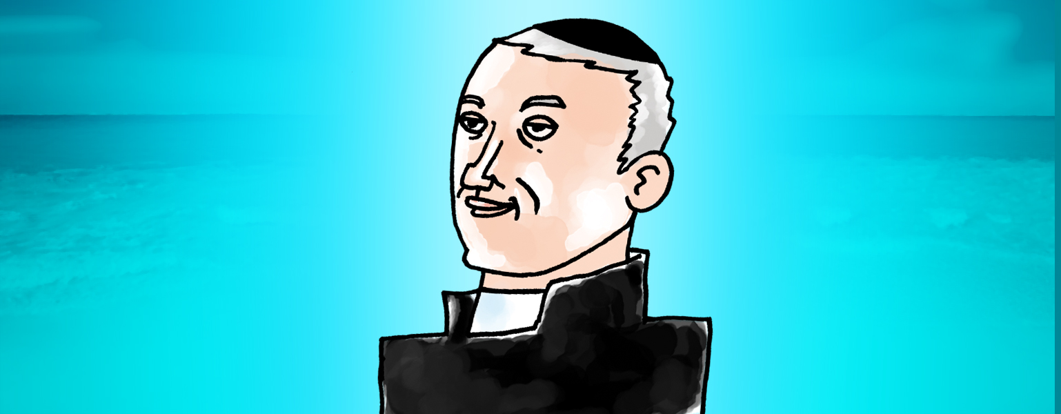 Ilustração. Fundo em tons de azul. Ao centro, um desenho de Padre Anchieta, do tórax para cima. Anchieta é branco, cabelos curtos e grisalhos. Ele usa roupa e solidéu pretos.