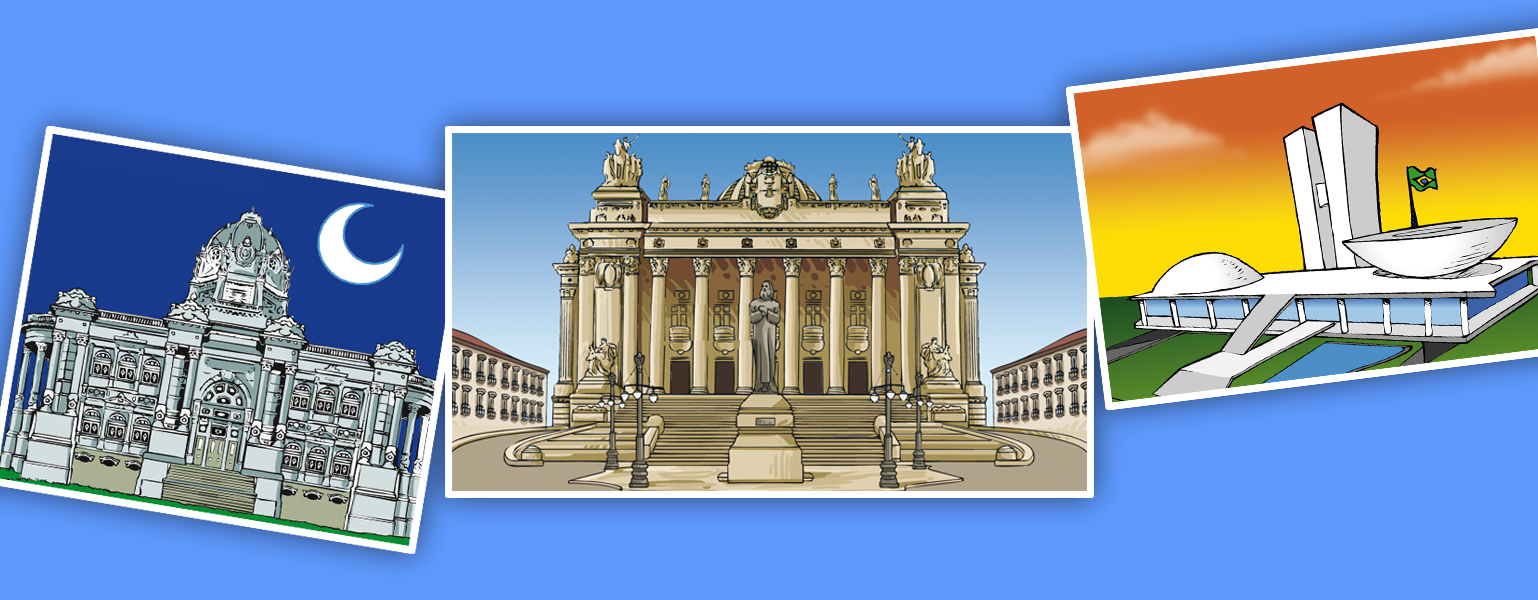 Ilustração. Fundo azul. Três imagens não alinhadas, retratam as diferentes sedes da Câmara. Palácio Monroe, Palácio Tiradentes e Congresso Nacional.