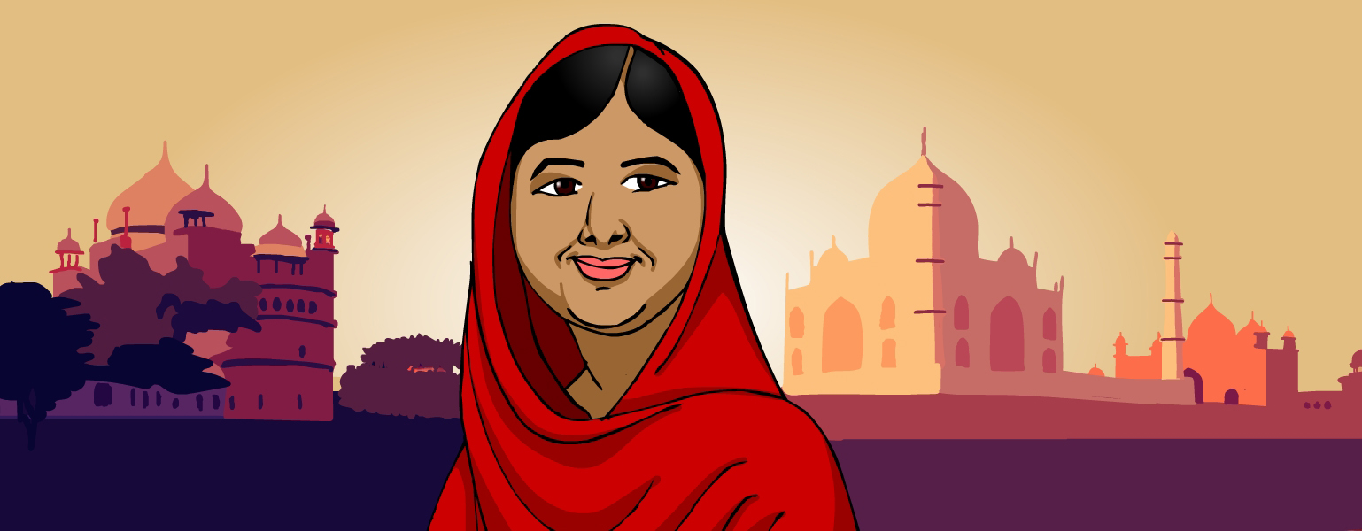 Malala tem pelo morena, cabelos negros partido de lado. Usa lenço vermelho que cobre seus cabelos e ombros. Ao fundo, no canto direito, vemos a imagem de uma mesquita