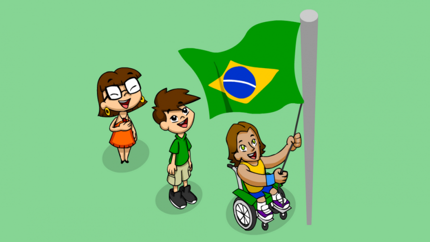 Ilustração. Sobre fundo verde, do centro para a direita da imagem, aparece um mastro cinza e no topo dele, a bandeira do Brasil se movimenta. Quem hasteia a bandeira é Vital, que puxa a corda e sorri. Logo atrás de Vital, Zé Plenarinho está em pé, com os braços ao lado do corpo, olha para a bandeira e sorri. Atrás dele, Xereta está em pé, com uma das mãos apoiada do lado esquerdo do peito, está com os olhos fechados e sorri.