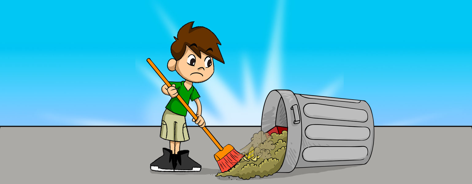 O fundo da ilustração é azul. Em pé sobre chão cinza, no centro da imagem, Zé Plenarinho varre lixo para dentro de uma lata de lixo cinza caída.