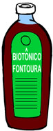 Desenho de uma garrafa de tampa branca e rótulo verde, onde está escrito "Biotônico Fontoura". A garrafa está cheia de um líquido azul.