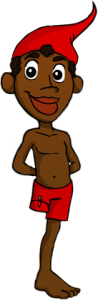 Ilustração. Menino negro, de um perna só, short e gorros vermelhos. Não usa camisa e nem sapato. Está com os braços escondidos atrás das costas e tem um olhar de danado.