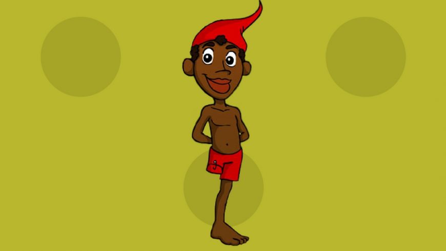 Ilustração do Saci Pererê no centro da imagem com fundo em tons de amarelo escuro. Saci é um menino negro de uma perna só. Ele usa um chapéu pontudo vermelho e um calção vermelho.
