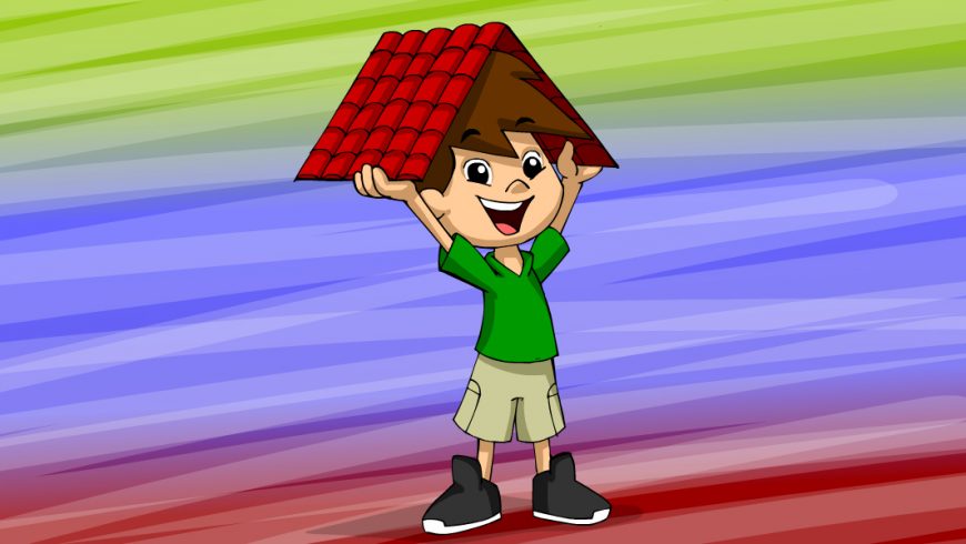 Ilustração. Fundo multicolorido. Zé Plenarinho está no centro da imagem e segura um telhado vermelho sobre a cabeça.