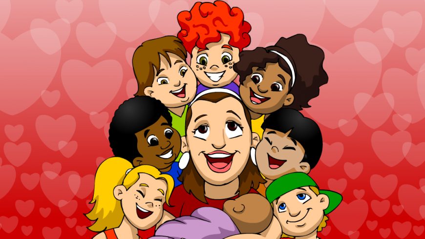Ilustração. Fundo coberto de corações em tons de vermelho. No centro, uma mulher sorridente rodeada de crianças alegres.