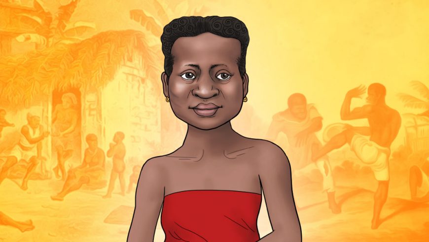 Ilustração com fundo em tons de amarelo e laranja. No centro da imagem, da cintura para cima, aparece uma mulher negra, de cabelos pretos e presos. Ela sorri e veste uma blusa vermelha sem alças e sem mangas.