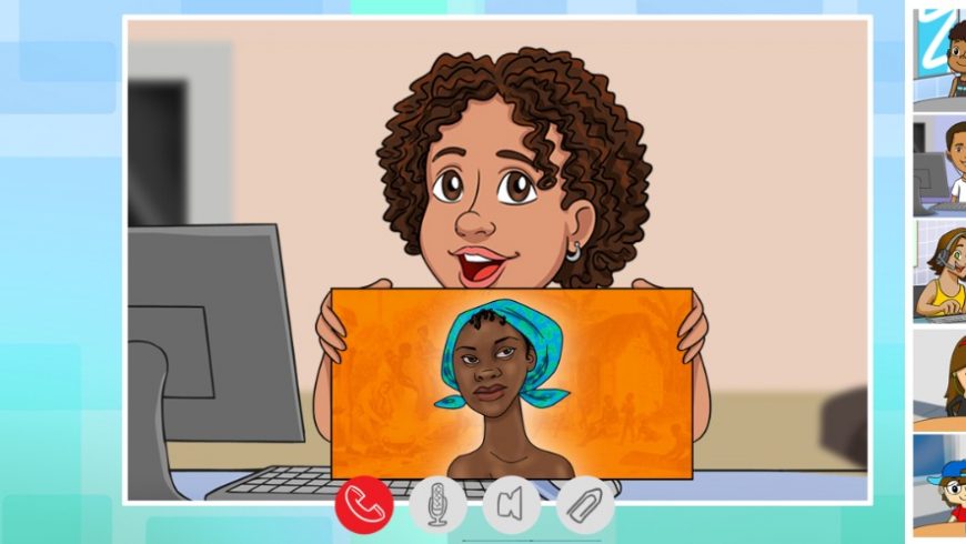 Ilustração de uma reunião virtual pelo computador. No canto direito da imagem há 5 quadrados com a imagem de uma criança em cada um. Do lado esquerdo, um grande retângulo onde se vê uma menina de cabelos cacheados que segura um cartaz cor de laranja, com a imagem de uma mulher negra com lenço azul na cabeça.