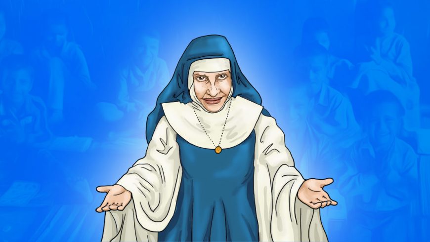 Ilustração. Fundo em tons de azul mostra sutilmente crianças sorrindo. No centro da imagem, uma freira com hábito azul e branco sorri levemente e ergue os braços ao lado do corpo com as palmas das mãos viradas para cima.