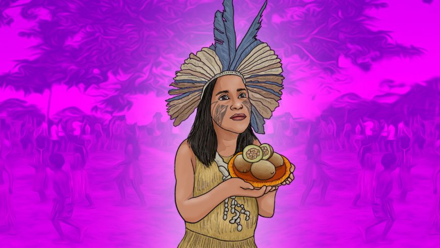 Ilustração de fundo em tons de rosa e roxo. No centro da imagem, há uma mulher de pele parda, cabelos na altura do ombro castanhos. Ela usa um grande cocar de penas azuis e beges, seu rosto está pintado com grafismos de cor escura. Ela usa um vestido bege e segura um prato cor de laranja com frutas em cima.