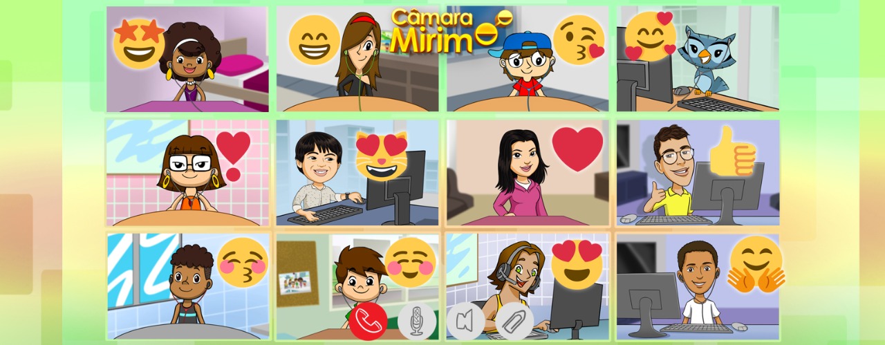 Ilustração. A tela está dividida em 12 quadrados e em cada um deles aparece uma criança na frente de um computador. Todos sorriem e, acima de cada um, aparece um emoji de reação positiva.