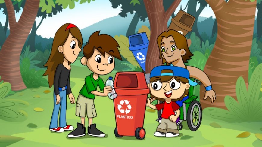 Ilustração de uma floresta. no centro da imagem há uma lata de lixo grande e vermelha, com a palavra PLÁSTICO escrita nela. Em volta dela, há 4 crianças e uma delas joga uma garrafa de plástico vazia pela abertura da lata de lixo. Atrás deles, duas latas de lixo, uma marrom e uma azul se escondem atrás de uma árvore.